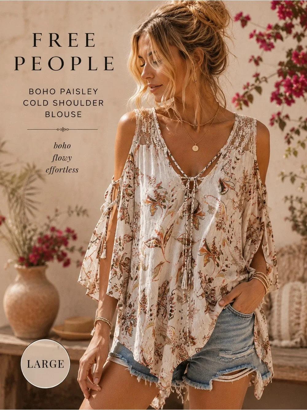 Free People Boho Paisley Cold Shoulder Lace Blouse | Large EUC Hi Low Flowy